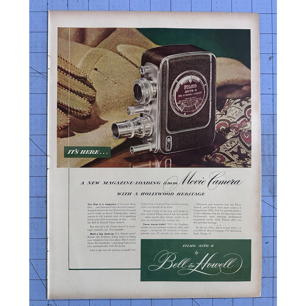 1948 VTG Orig Magazine Ad Bell & Howell Movie Camera New Magazine Loading 8MM